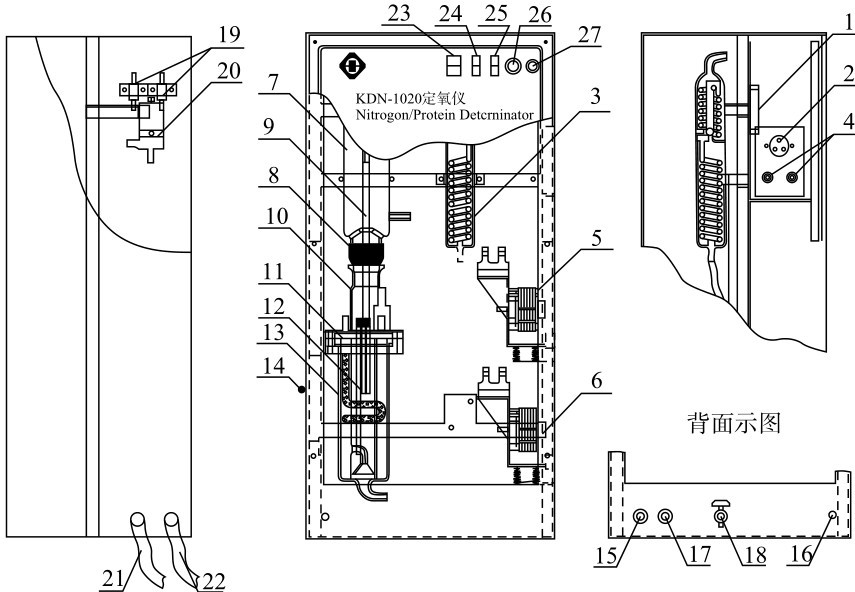 23 24 25 261 11 12 10 8 9 19 20 7 KDN-1020定氧仪Nitrogon/Protein Detcrninator 5 3 27 4 2 13 14 6背面示图15- 17 18 16 2122