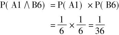 P(A1∧B6) =P(A1) ×P(B6)=16×16=136