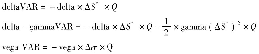 delta VAR=－delta×ΔS*×Q delta－gamma VAR=－delta×ΔS*×Q－12×gamma(ΔS*)2×Q vega VAR=－vega×Δσ×Q