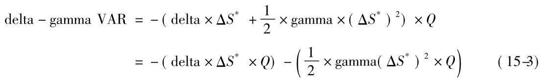 delta－gamma VAR=－(delta×ΔS*+12×gamma×(ΔS*)2)×Q=－(delta×ΔS*×Q)－12×gamma(ΔS*)2×( Q) (15-3)