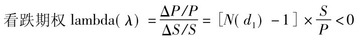 看跌期权lambda(λ)=ΔP/PΔS/S=［N(d1)－1］×SP＜0