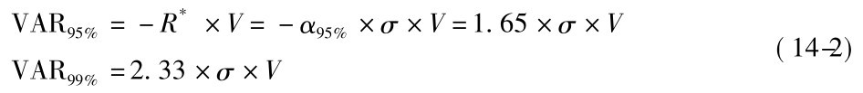 VAR95%=－R*×V=－α95%×σ×V=1.65×σ×V VAR99%=2.33×σ×V (14-2)