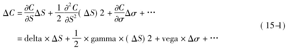 ΔC=∂C∂SΔS+12∂2C∂S2(ΔS)2+∂C∂σΔσ+…(15-1)=delta×ΔS+12×gamma×(ΔS)2+vega×Δσ+…